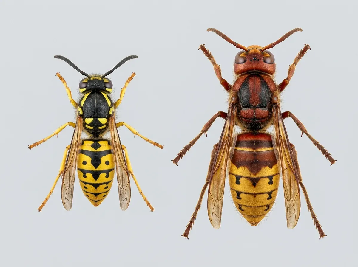 Wespe (Vespula) und Hornisse nebeneinander, im gleichen Maßstab