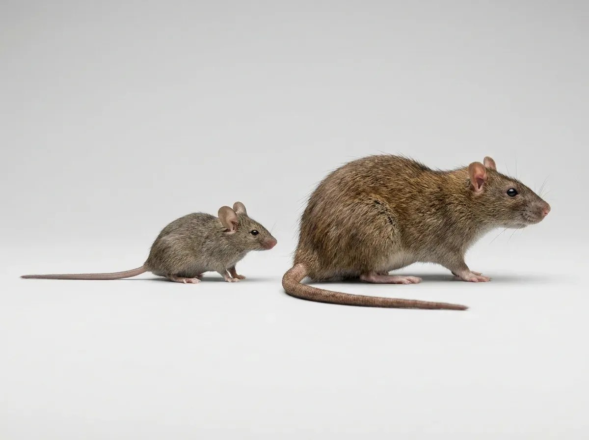 Hausmaus und Wanderratte nebeneinander, im gleichen Maßstab