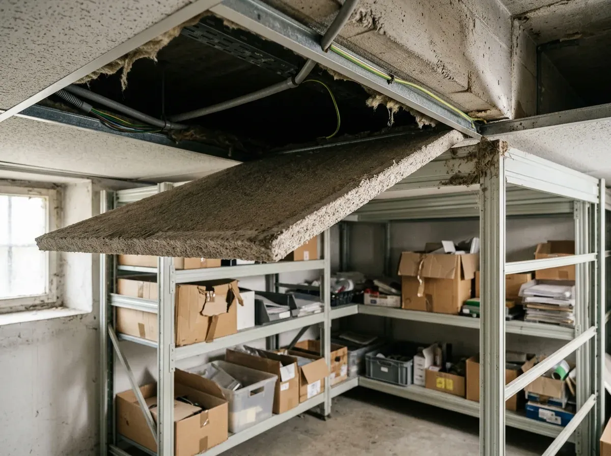 Zwischendecke und die hintere Ecke der Lagerregale