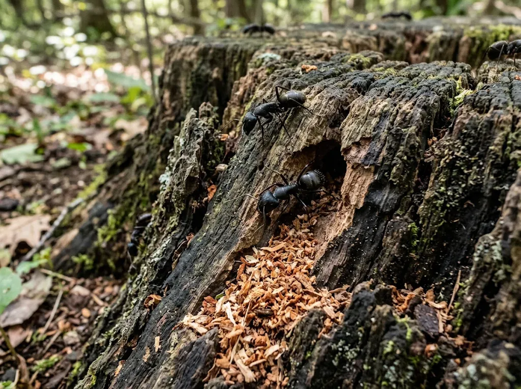 Morscher Baumstumpf, Gartenholzkonstruktion und feuchter Dachbalken – das Nest der Rossameise