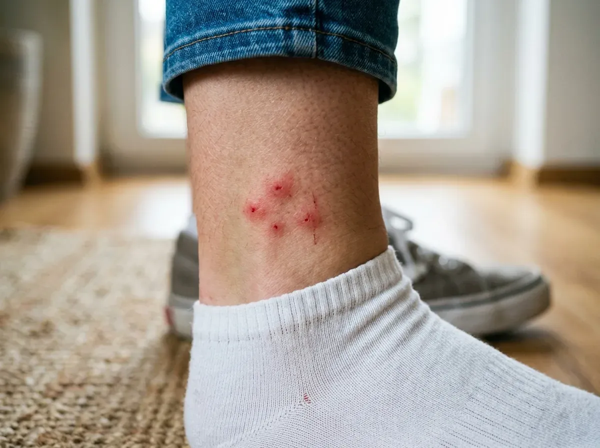 Gruppierte, juckende Stichspuren an Knöchel und Unterschenkel