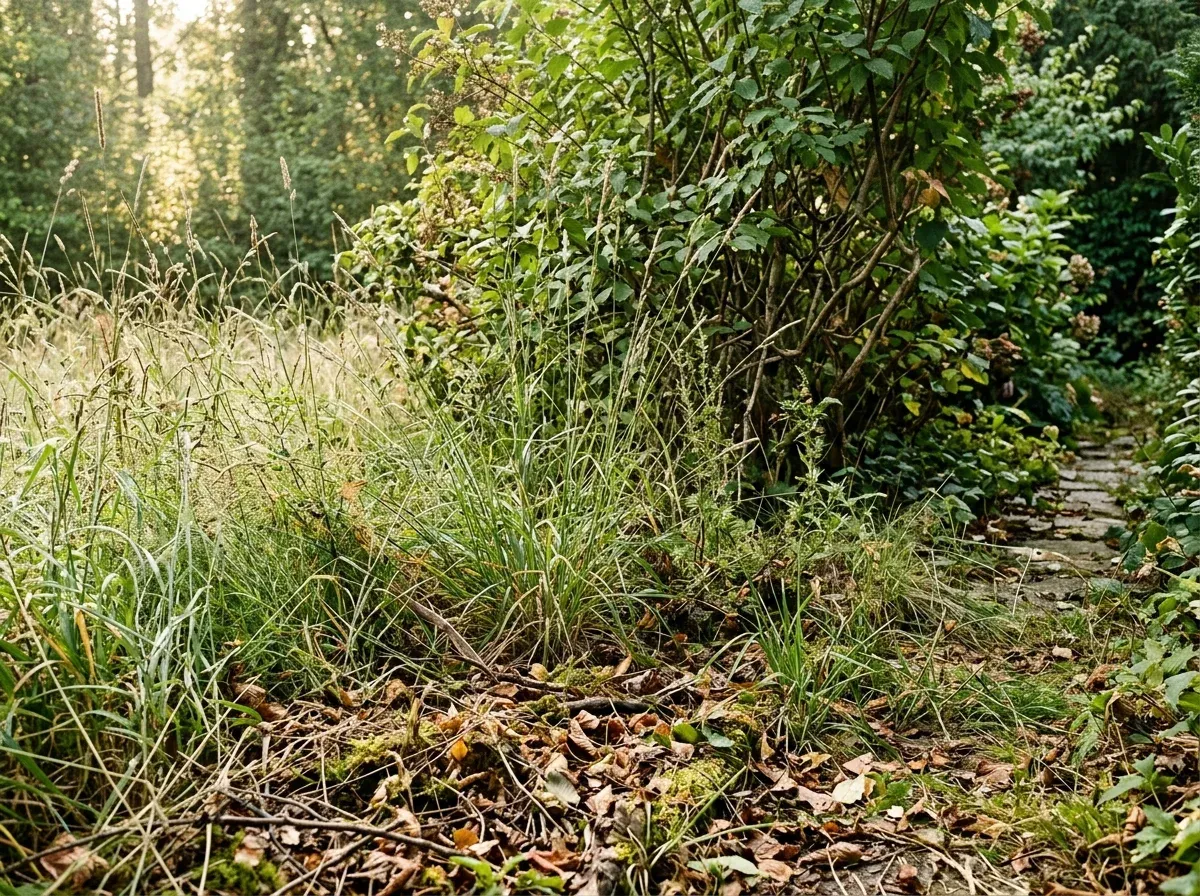 Hohes Gras und Laub am Gartenrand, im buschigen Übergangsstreifen