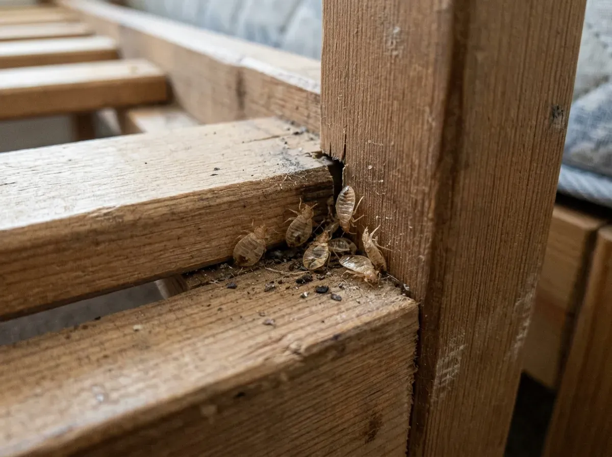 Abgestreifte Häute in den Fugen von Bettgestell und Lattenrost
