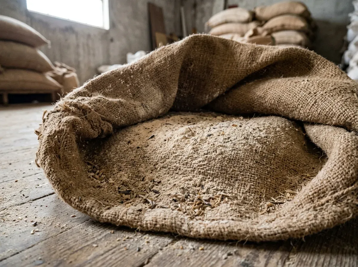 Mehliger Staub am Boden von Sack oder Lager