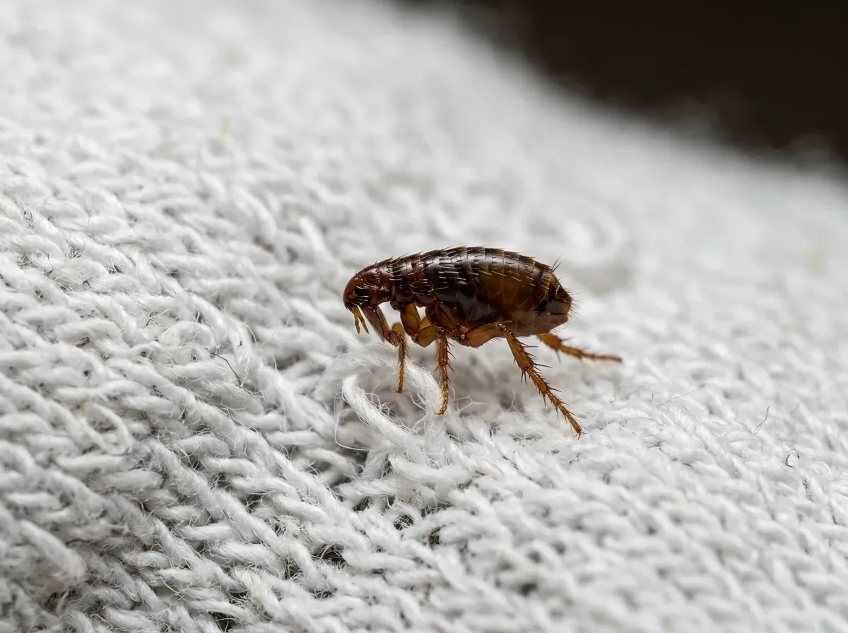 Springendes, dunkles, 1–3 mm großes Insekt auf dem Boden oder der Socke